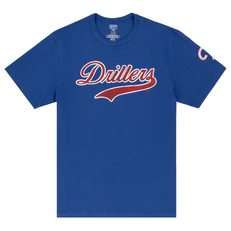 The Tulsa Drillers EFF MiLB Vintage T-Shirt by Ebbets Field Flannels is a blue short-sleeve tee with Drillers in red and white script on the chest, inspired by vintage minor league shirts, plus a small white logo inside the neck.