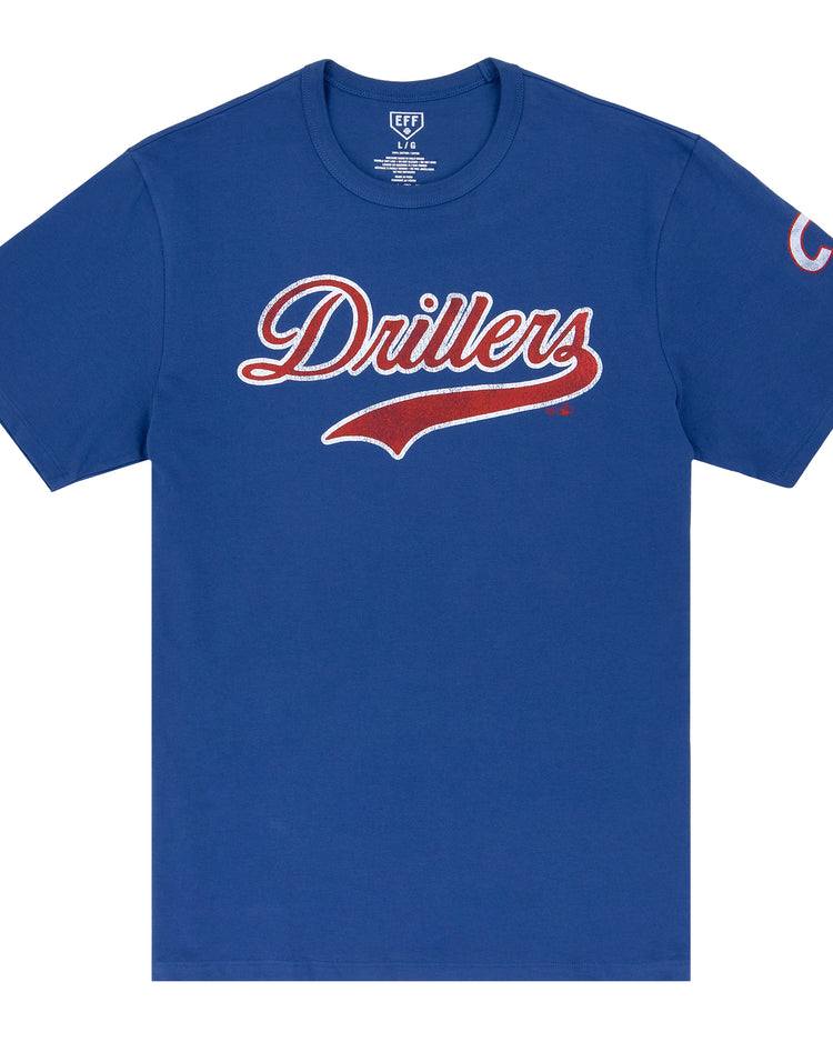 The Tulsa Drillers EFF MiLB Vintage T-Shirt by Ebbets Field Flannels is a blue short-sleeve tee with Drillers in red and white script on the chest, inspired by vintage minor league shirts, plus a small white logo inside the neck.