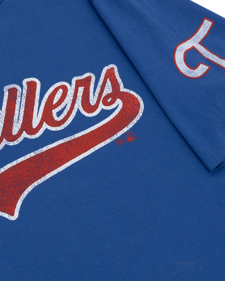 Tulsa Drillers EFF MiLB Vintage T-Shirt by Ebbets Field Flannels: blue tee with Drillers in white and red script across the chest, inspired by vintage Minor League style, plus a white and red D on the sleeve.