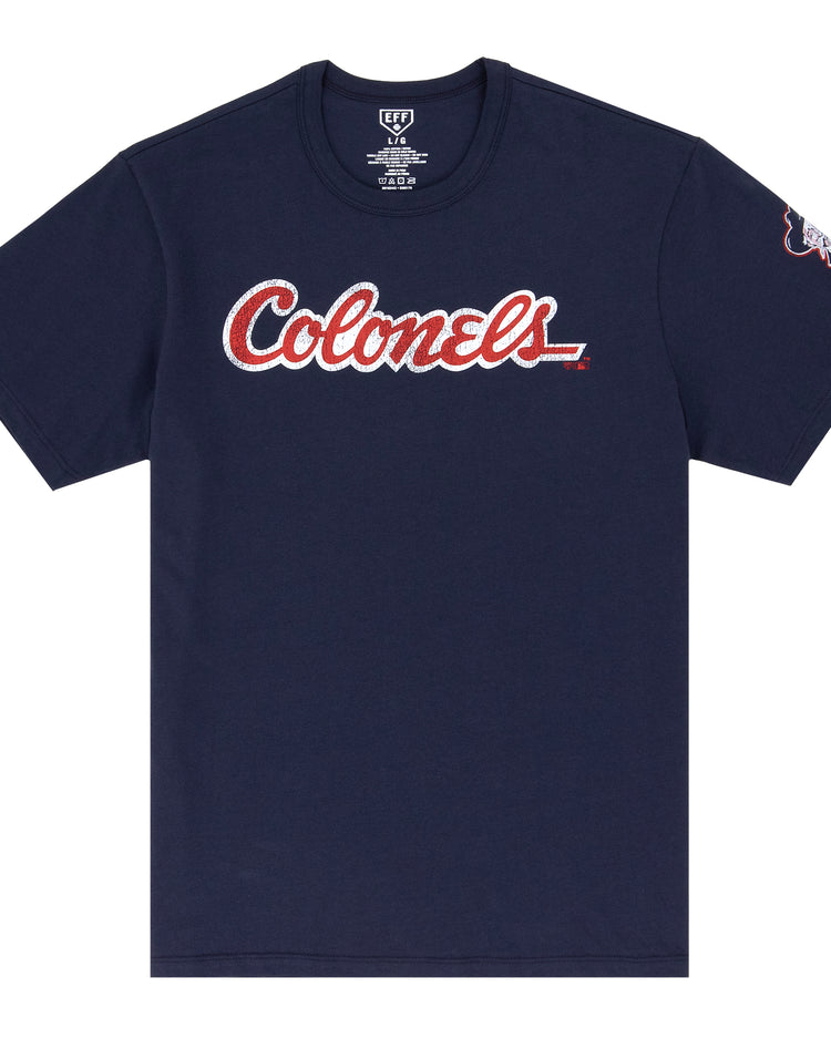 The Ebbets Field Flannels Louisville Colonels EFF MiLB Vintage T-Shirt is a premium navy cotton tee featuring Colonels in white and red script across the chest, vintage Minor League-inspired design, and a small graphic on the left sleeve.
