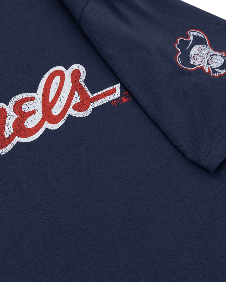 The Louisville Colonels EFF MiLB Vintage T-Shirt by Ebbets Field Flannels features Rebels in red and white script on navy blue premium cotton, a small pirate mascot logo on the sleeve, and classic minor league style.