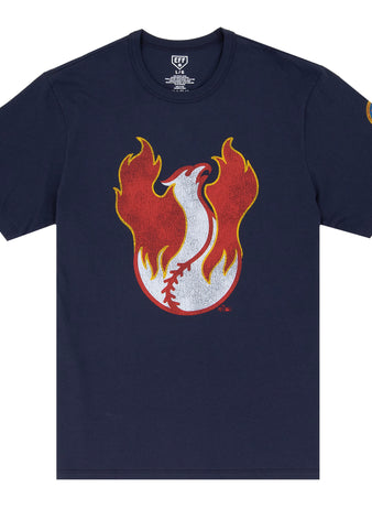 The Phoenix Firebirds EFF MiLB Vintage T-Shirt by Ebbets Field Flannels features a flaming baseball graphic on navy blue, a colorful left sleeve patch, and is inspired by vintage Pacific Coast League designs.