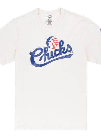The Memphis Chicks EFF MiLB Vintage T-Shirt by Ebbets Field Flannels features “Chicks” in blue script, a red and blue graphic above the text, and a red patch on the left sleeve, inspired by vintage Minor League styles.