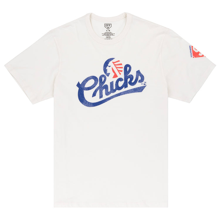 The Memphis Chicks EFF MiLB Vintage T-Shirt by Ebbets Field Flannels features “Chicks” in blue script, a red and blue graphic above the text, and a red patch on the left sleeve, inspired by vintage Minor League styles.