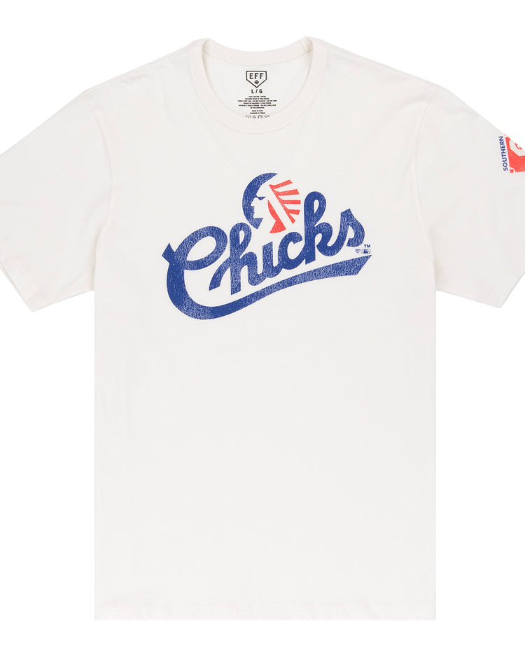 The Memphis Chicks EFF MiLB Vintage T-Shirt by Ebbets Field Flannels features “Chicks” in blue script, a red and blue graphic above the text, and a red patch on the left sleeve, inspired by vintage Minor League styles.