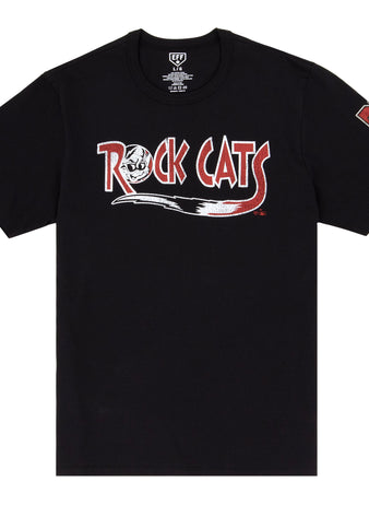 The New Britain Rock Cats EFF MiLB Vintage T-Shirt by Ebbets Field Flannels features bold red and white lettering, a cat head graphic, premium cotton, and a red-and-white patch on the left sleeve. Part of the Vintage Minor League collection.