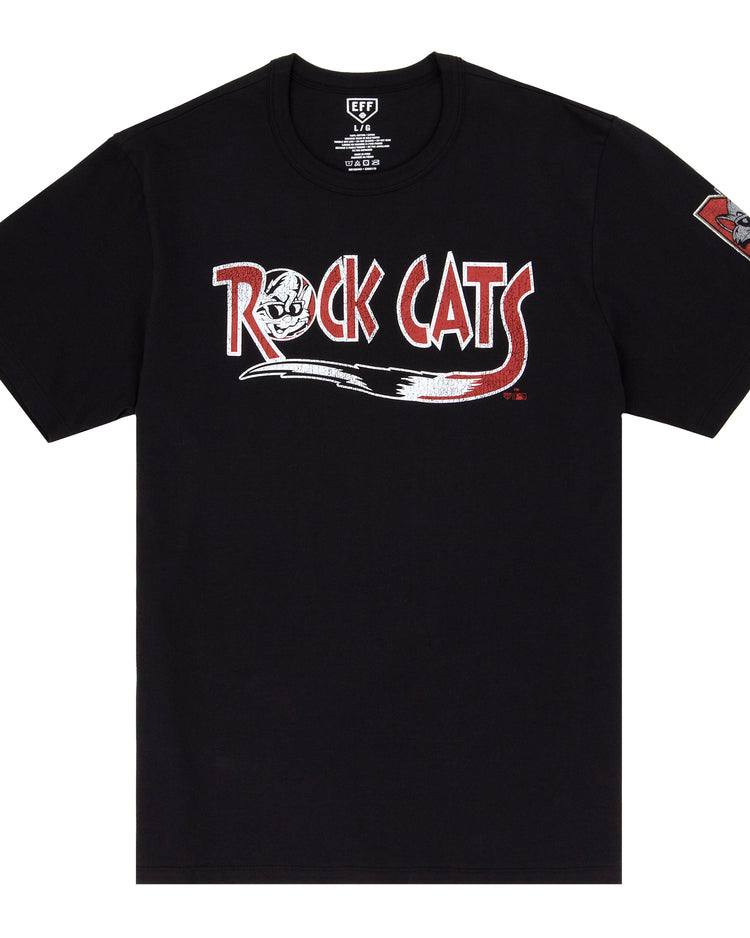 The New Britain Rock Cats EFF MiLB Vintage T-Shirt by Ebbets Field Flannels features bold red and white lettering, a cat head graphic, premium cotton, and a red-and-white patch on the left sleeve. Part of the Vintage Minor League collection.
