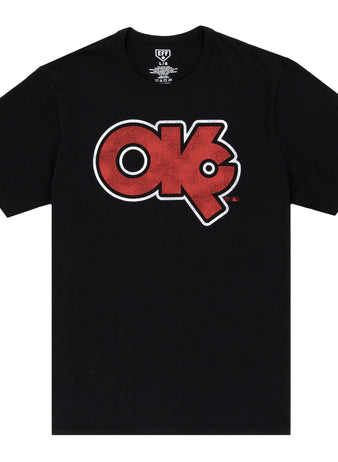 The Ebbets Field Flannels Oklahoma City 89ers EFF MiLB Vintage T-Shirt is a black premium cotton tee with a bold red and white “OK” logo on the chest and a #8 patch on the left sleeve, inspired by classic Minor League styles.