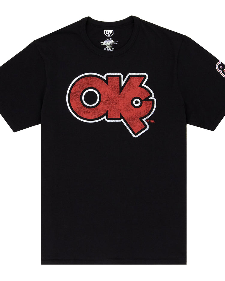 The Ebbets Field Flannels Oklahoma City 89ers EFF MiLB Vintage T-Shirt is a black premium cotton tee with a bold red and white “OK” logo on the chest and a #8 patch on the left sleeve, inspired by classic Minor League styles.