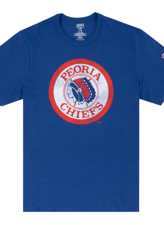 The Ebbets Field Flannels Peoria Chiefs EFF MiLB Vintage T-Shirt features a blue design with a circular Chiefs logo and patch on the left sleeve. Made of premium cotton, it’s perfect for fans of retro Minor League baseball shirts.