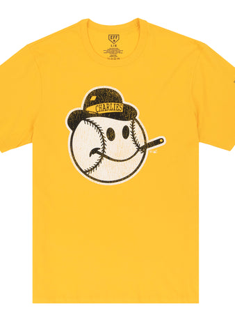 The Charleston Charlies EFF MiLB Vintage T-Shirt by Ebbets Field Flannels features a large cartoon baseball with stitched seams, a “Charlies” bowler hat, and pipe, plus a left sleeve patch.