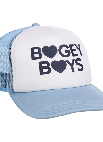 The Bogey Boys x EFF Trucker by EFF is a light blue and white snapback hat with “BOGEY BOYS” in bold black letters—O’s as hearts, plus mesh back styling. A perfect, stylish golf hat.