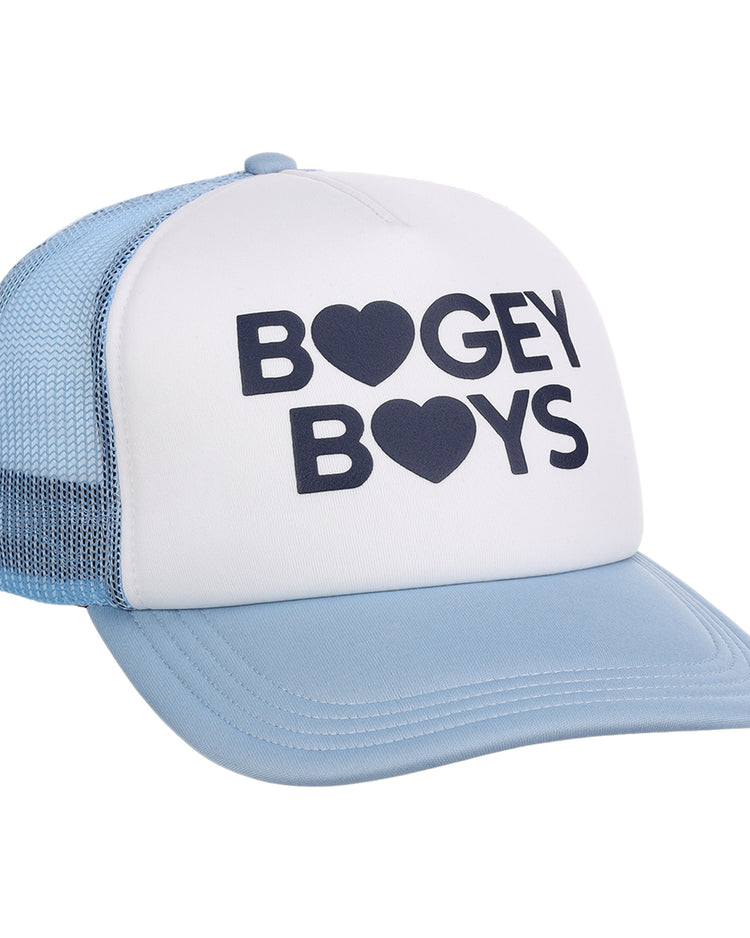 The Bogey Boys x EFF Trucker by EFF is a light blue and white snapback hat with “BOGEY BOYS” in bold black letters—O’s as hearts, plus mesh back styling. A perfect, stylish golf hat.