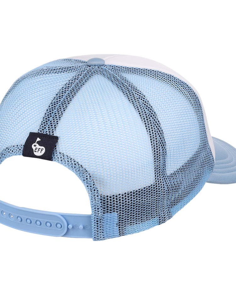 The EFF Bogey Boys x EFF Trucker hat is light blue and white with a mesh back, adjustable snapback, and a small black thumbs-up tag—ideal for golf.