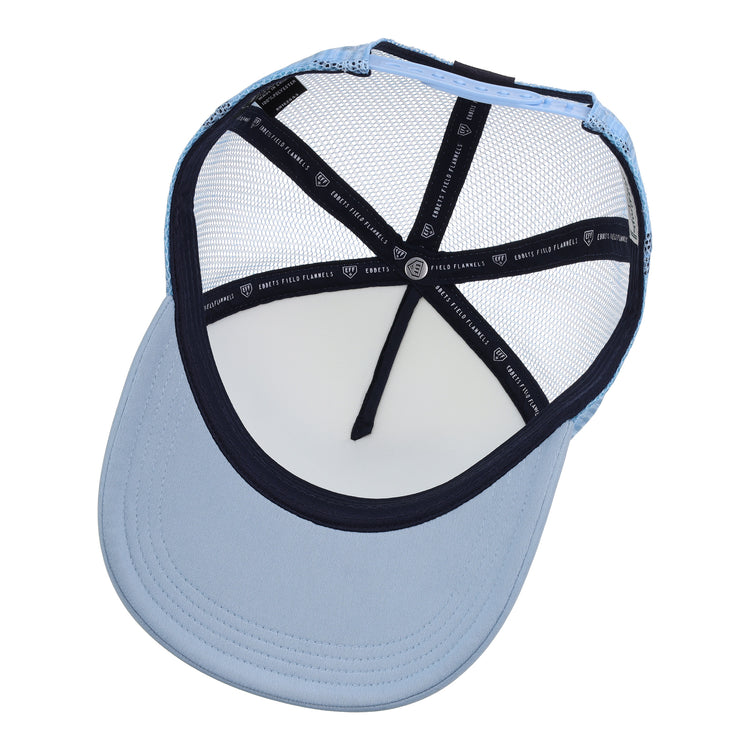 A light blue Bogey Boys x EFF Trucker hat by EFF, shown from the inside with a mesh back, curved brim, and black inner seams featuring white lettering.