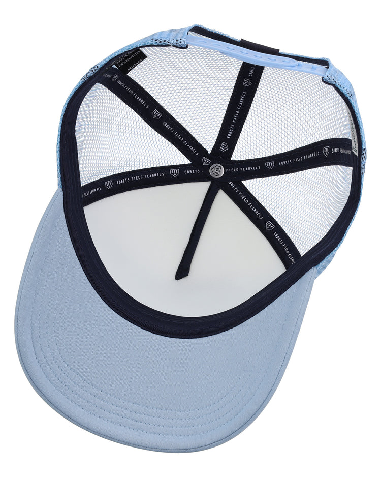 A light blue Bogey Boys x EFF Trucker hat by EFF, shown from the inside with a mesh back, curved brim, and black inner seams featuring white lettering.