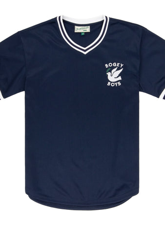 The Bogey Boys x EFF V-Neck Baseball Jersey by EFF is a navy blue double-knit polyester jersey with white trim on the sleeves and collar, featuring a white dove graphic and Bogey Boys on the chest—a standout golf apparel piece.