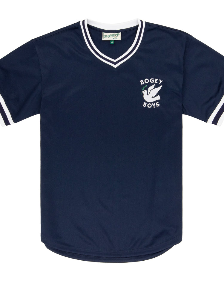 The Bogey Boys x EFF V-Neck Baseball Jersey by EFF is a navy blue double-knit polyester jersey with white trim on the sleeves and collar, featuring a white dove graphic and Bogey Boys on the chest—a standout golf apparel piece.