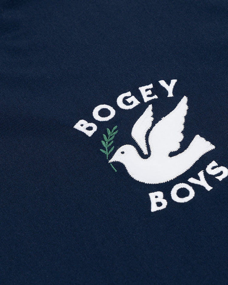 The Bogey Boys x EFF V-Neck Baseball Jersey by EFF features navy double-knit polyester, a white embroidered dove with an olive branch, and “BOGEY BOYS” text—a striking piece from the Bogey Boys jersey collection.