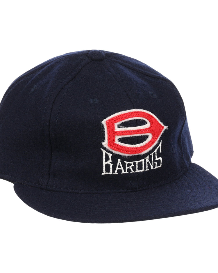 The EFF Birmingham Barons Letterhead Wool Vintage Ballcap is a navy cap with a red and white B logo and Barons embroidered on the front—perfect for any Birmingham Barons fan.