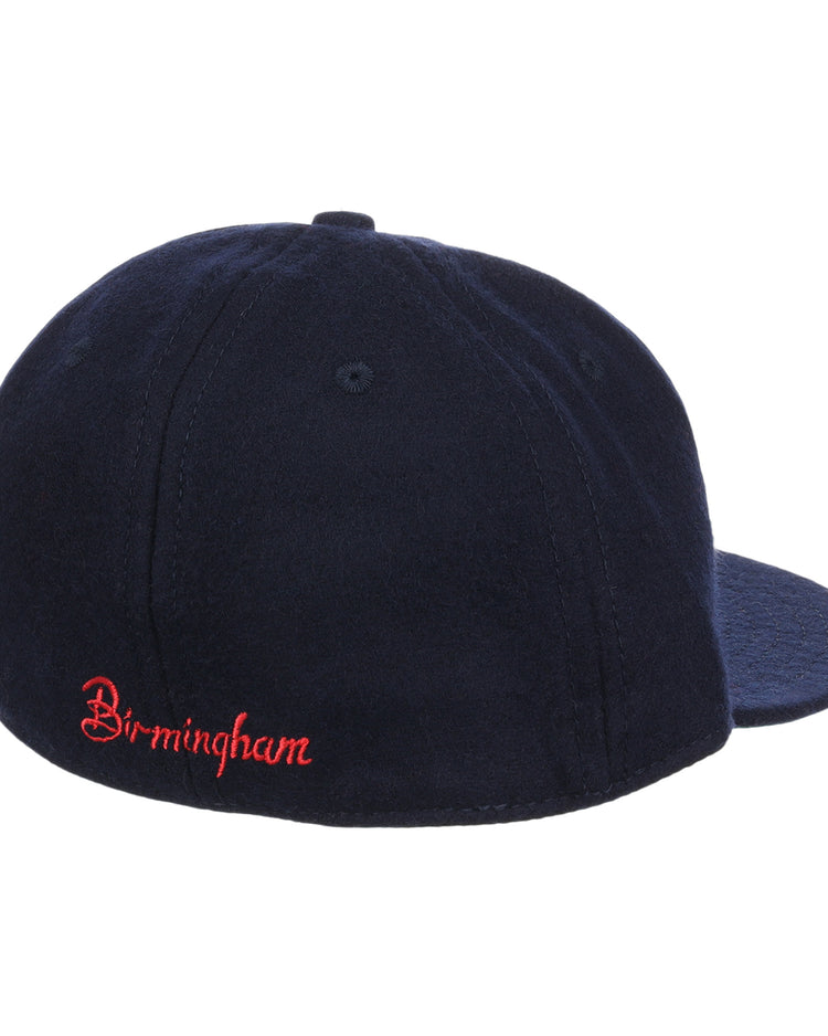 The Birmingham Barons Letterhead Wool Vintage Ballcap by EFF is a dark blue wool hat viewed from the back, featuring Birmingham embroidered in red script near the edge, evoking classic Birmingham Barons style.