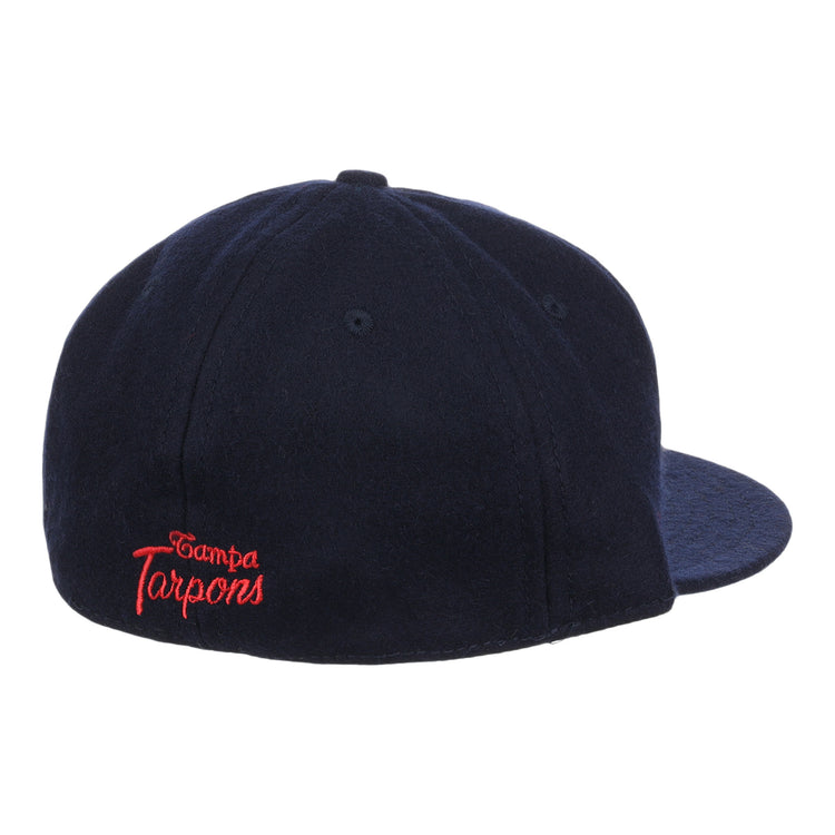 The EFF Tampa Tarpons Letterhead Wool Vintage Ballcap, in navy, features “Tampa Tarpons” embroidered in red script on the back left. The Minor League cap is shown from the back right against a white background.