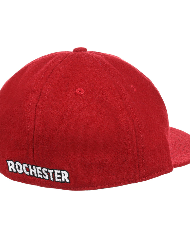 A red Rochester Red Wings Letterhead Wool Vintage Ballcap by EFF, viewed from the back with ROCHESTER embroidered in white on the lower edge, evoking a classic minor league baseball style.