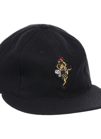 The Salt Lake City Bees Letterhead Wool Vintage Ballcap by EFF is a black wool cap with a yellow and red embroidered cartoon figure in motion—ideal for fans of classic Minor League baseball styles.