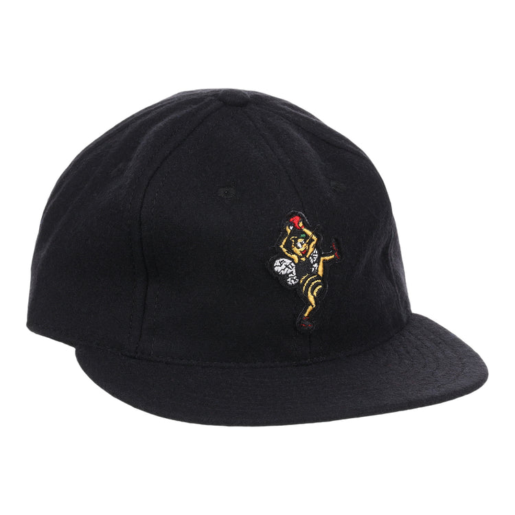 The Salt Lake City Bees Letterhead Wool Vintage Ballcap by EFF is a black wool cap with a yellow and red embroidered cartoon figure in motion—ideal for fans of classic Minor League baseball styles.