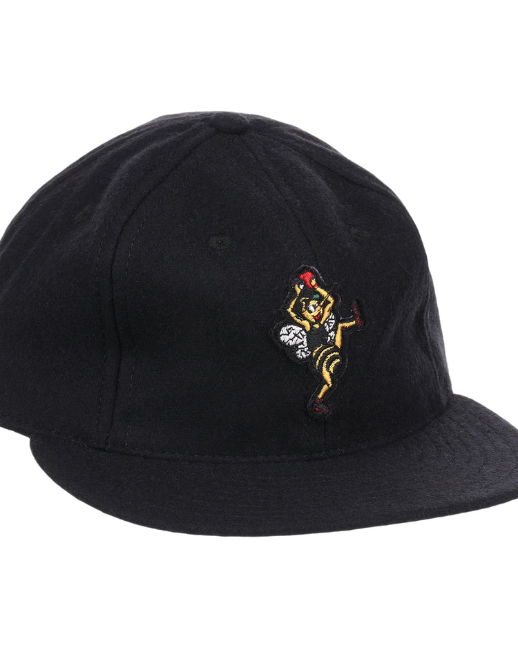 The Salt Lake City Bees Letterhead Wool Vintage Ballcap by EFF is a black wool cap with a yellow and red embroidered cartoon figure in motion—ideal for fans of classic Minor League baseball styles.