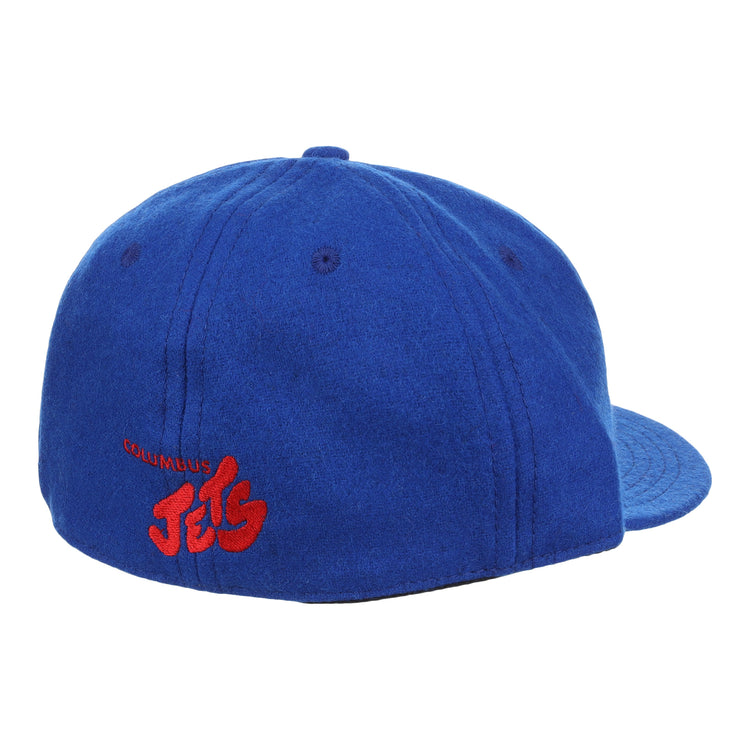 The EFF Columbus Jets Letterhead Wool Vintage Ballcap is shown from behind on a white background, featuring royal blue wool and red embroidered COLUMBUS Jets text on the back left side.