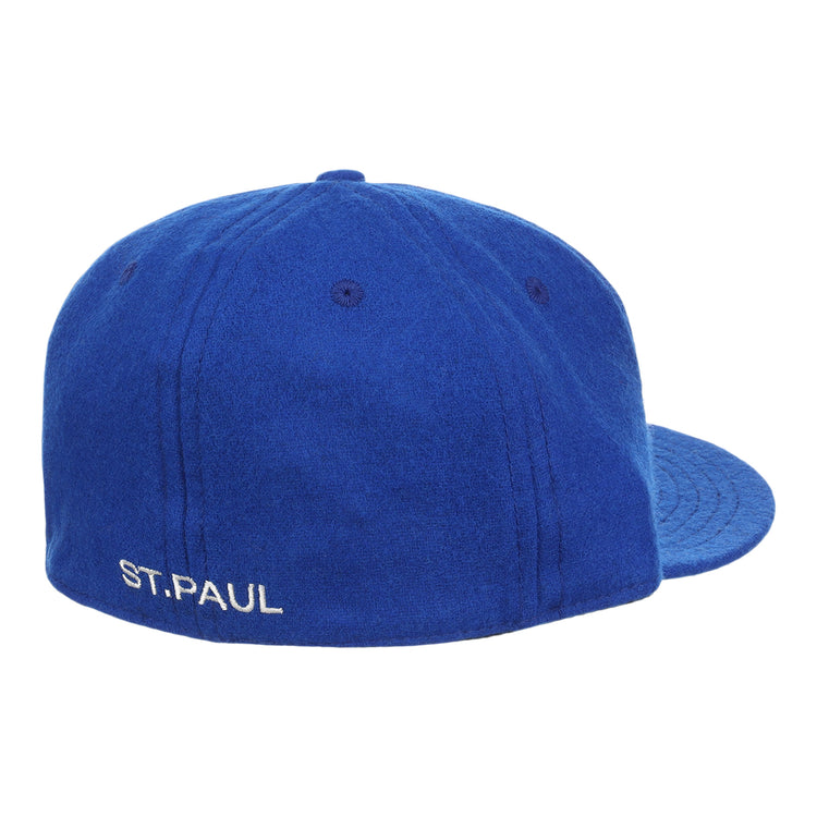 The EFF St. Paul Saints Letterhead Wool Vintage Ballcap is royal blue wool with a flat brim, visible stitching, and features ST. PAUL embroidered in white on the back left, nodding to vintage Saints Minor League logos.