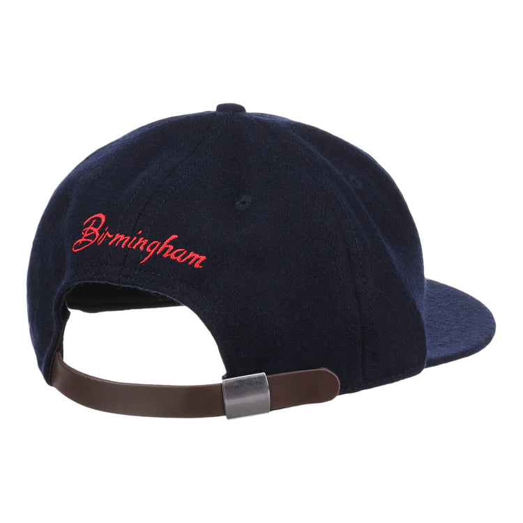 The EFF Birmingham Barons Letterhead Wool Vintage Ballcap is shown from the back, displaying red cursive Birmingham embroidery and an adjustable brown leather strap with a silver buckle.