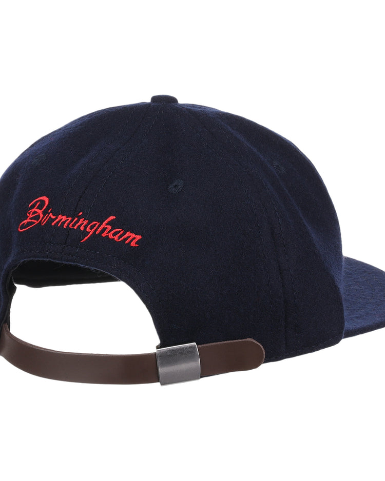 The EFF Birmingham Barons Letterhead Wool Vintage Ballcap is shown from the back, displaying red cursive Birmingham embroidery and an adjustable brown leather strap with a silver buckle.