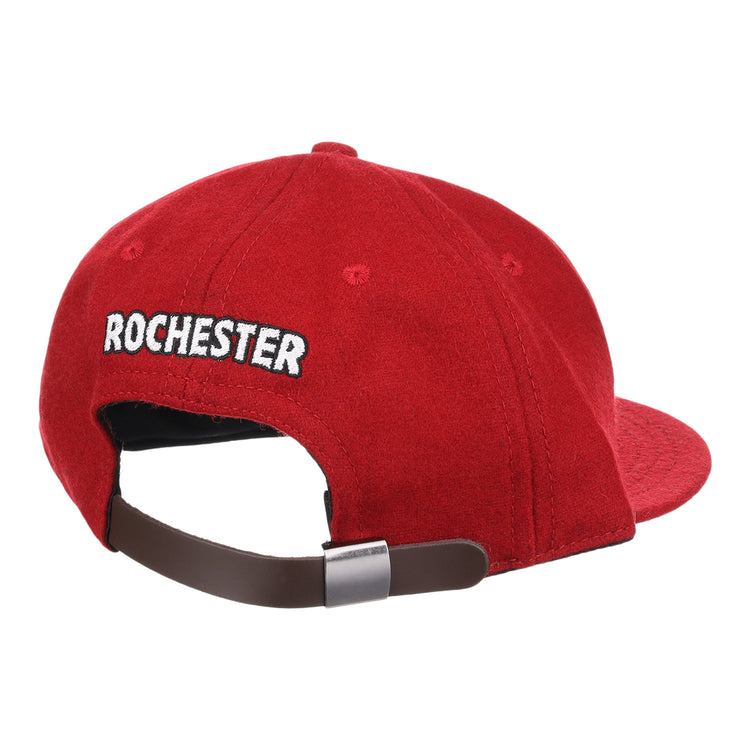 The EFF Rochester Red Wings Letterhead Wool Vintage Ballcap features ROCHESTER embroidered in white above an adjustable brown strap with a silver buckle, giving the hat a classic look from the back.