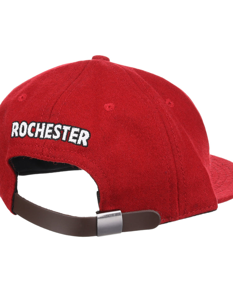 The EFF Rochester Red Wings Letterhead Wool Vintage Ballcap features ROCHESTER embroidered in white above an adjustable brown strap with a silver buckle, giving the hat a classic look from the back.