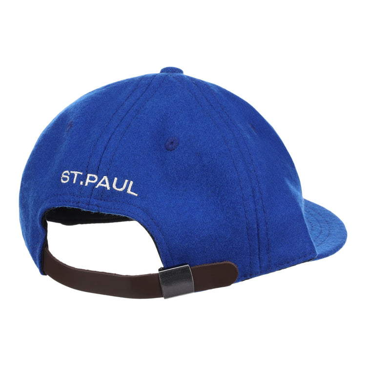 The EFF St. Paul Saints Letterhead Wool Vintage Ballcap features royal blue genuine wool, white ST. PAUL embroidery above the back opening, and an adjustable brown strap with black buckle for classic style.