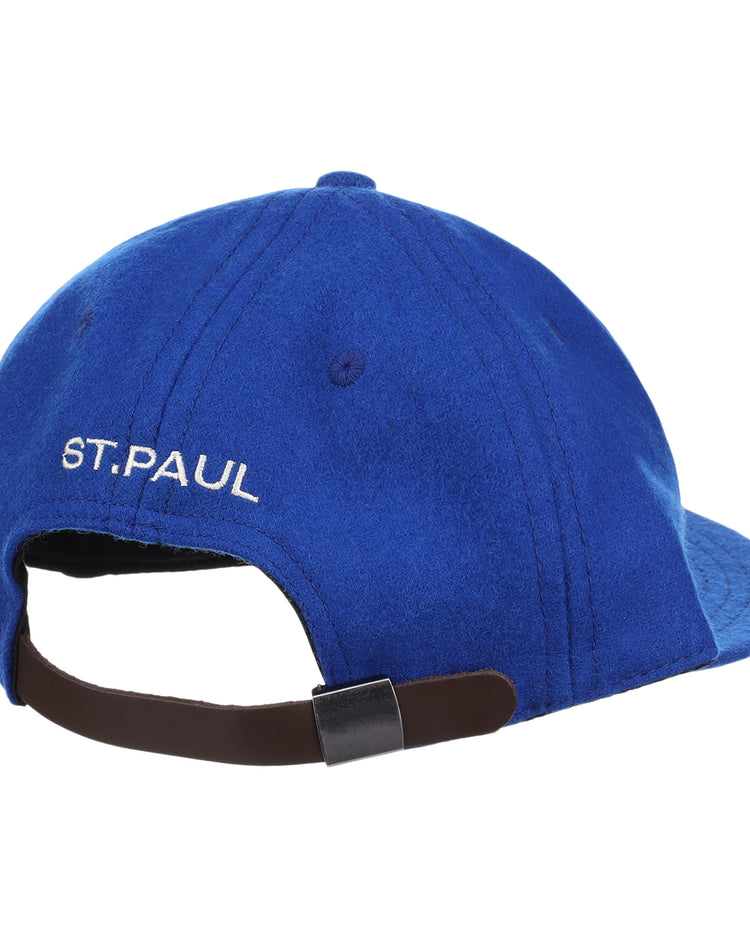 The EFF St. Paul Saints Letterhead Wool Vintage Ballcap features royal blue genuine wool, white ST. PAUL embroidery above the back opening, and an adjustable brown strap with black buckle for classic style.