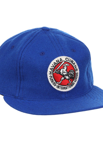 The Havana Cubans Letterhead Wool Vintage Ballcap by EFF is a royal blue cap featuring a round rooster patch with Havana Cubans and Honor-International League text—a classic Minor League baseball hat.