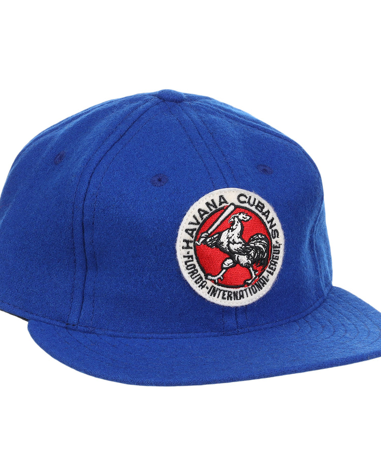 The Havana Cubans Letterhead Wool Vintage Ballcap by EFF is a royal blue cap featuring a round rooster patch with Havana Cubans and Honor-International League text—a classic Minor League baseball hat.