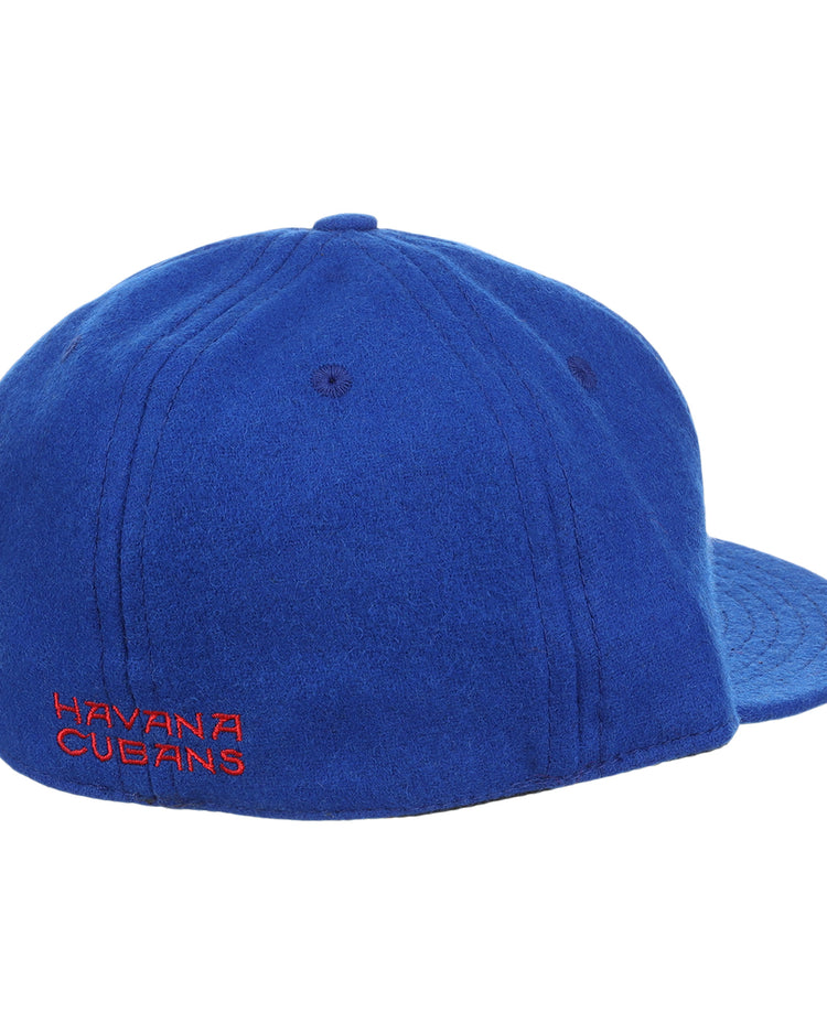 The EFF Havana Cubans Letterhead Wool Vintage Ballcap is shown from the rear, featuring royal blue wool and HAVANA CUBANS embroidered in red on the back left side against a white background.