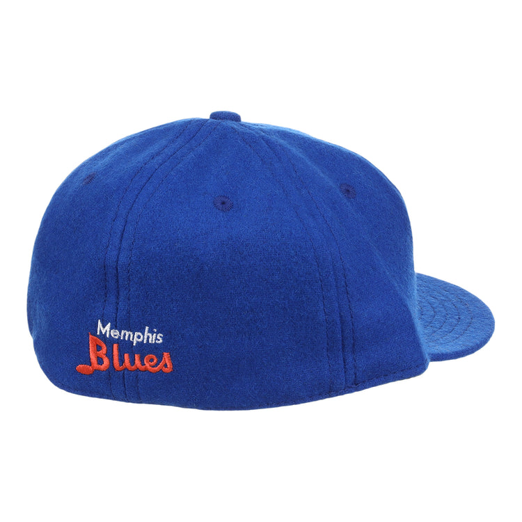 The EFF Memphis Blues Letterhead Wool Vintage Ballcap is blue with Memphis Blues embroidered in white and orange on the back left, a flat brim, and visible top stitching.