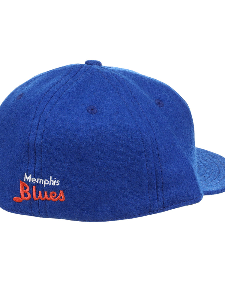 The EFF Memphis Blues Letterhead Wool Vintage Ballcap is blue with Memphis Blues embroidered in white and orange on the back left, a flat brim, and visible top stitching.