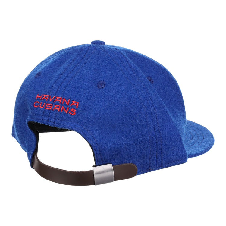 The EFF Havana Cubans Letterhead Wool Vintage Ballcap is shown from the back, featuring red HAVANA CUBANS embroidery above an adjustable brown strap with a metal clasp.