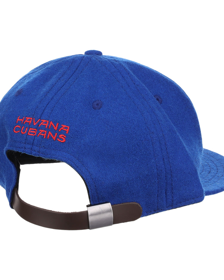 The EFF Havana Cubans Letterhead Wool Vintage Ballcap is shown from the back, featuring red HAVANA CUBANS embroidery above an adjustable brown strap with a metal clasp.