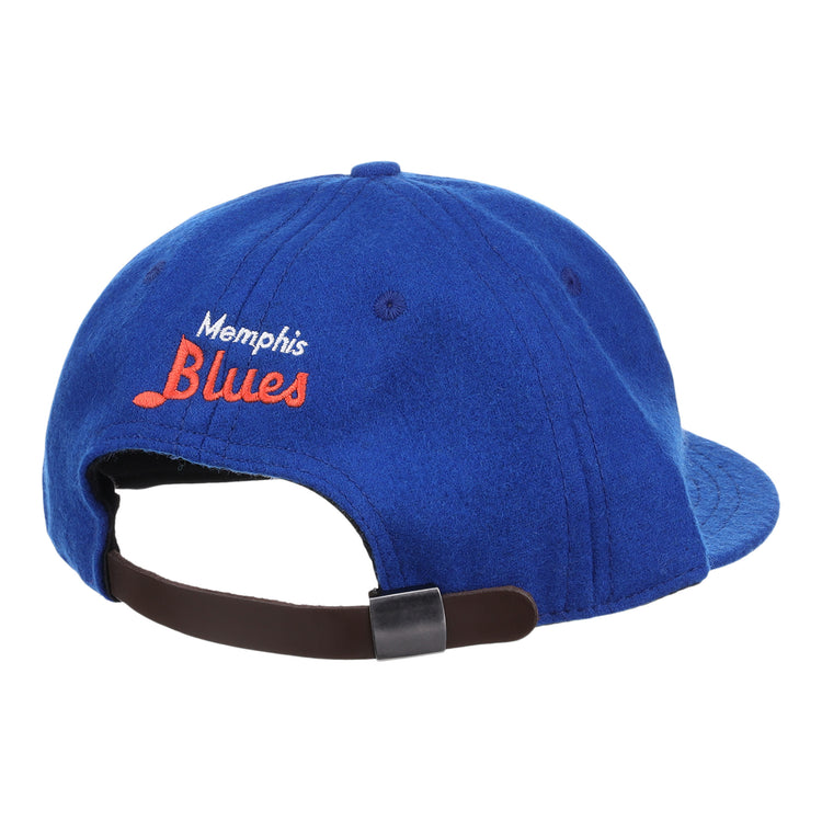 The EFF Memphis Blues Letterhead Wool Vintage Ballcap is a blue Minor League cap with Memphis Blues embroidered in white and orange, a brown adjustable strap with black buckle, inspired by classic Texas League style.