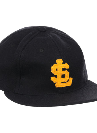 The Salt Lake City Bees Vintage Ballcap by EFF is a black cap with a yellow embroidered interlocking S and L logo, inspired by the classic Pacific Coast League design.