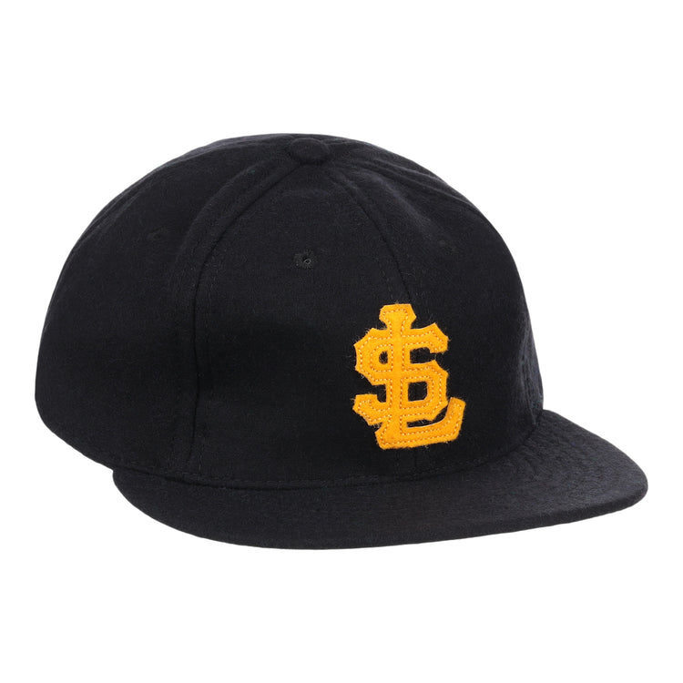 The Salt Lake City Bees Vintage Ballcap by EFF is a black cap with a yellow embroidered interlocking S and L logo, inspired by the classic Pacific Coast League design.