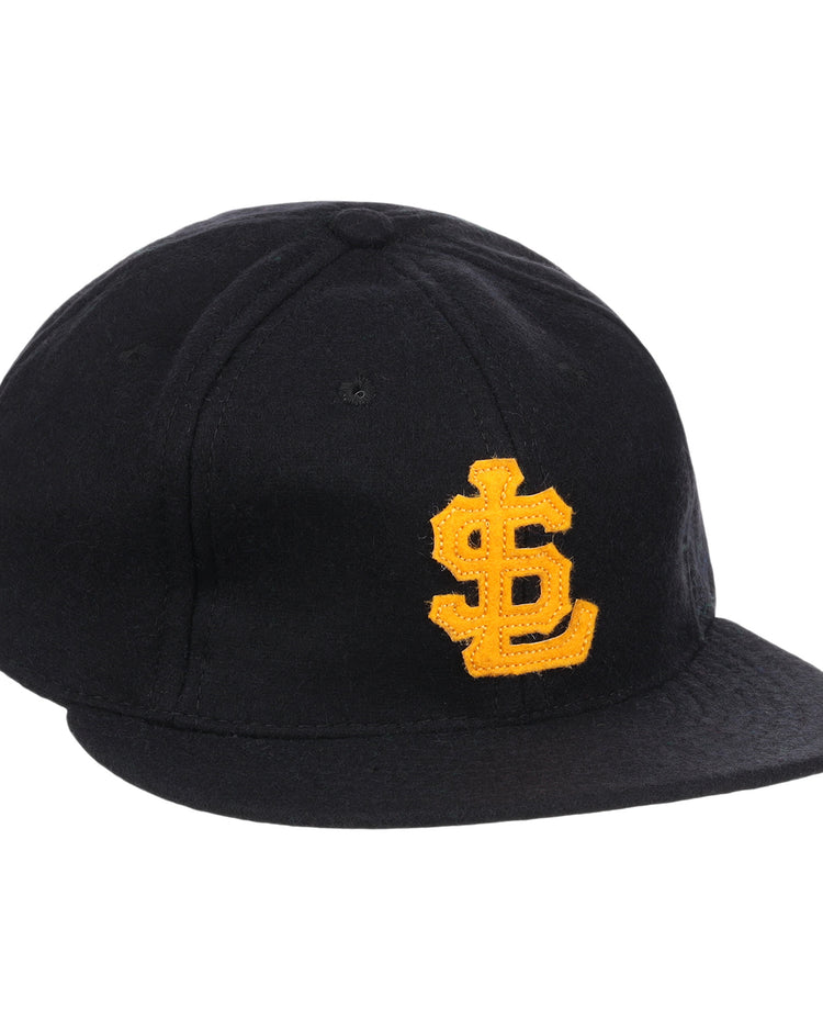The Salt Lake City Bees Vintage Ballcap by EFF is a black cap with a yellow embroidered interlocking S and L logo, inspired by the classic Pacific Coast League design.