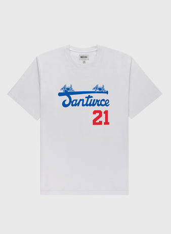 The Ebbets Field Santurce Cangrejeros Short Sleeve Tee features Santurce in blue script, a red number 21 below honoring Roberto Clemente, and two blue crab designs, celebrating the Cangrejeros legacy.